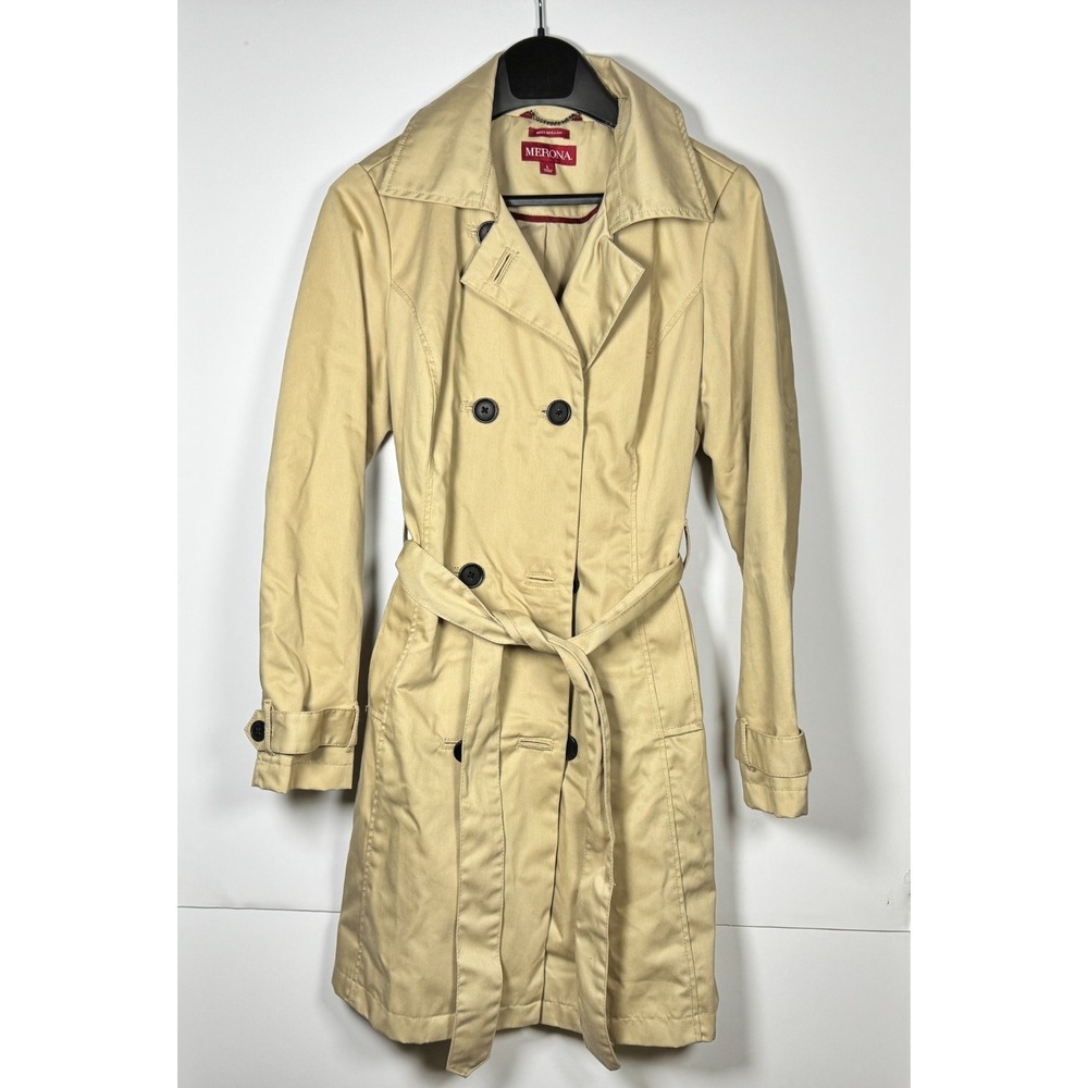 Merona Water Repellent Belted Trench Coat Womens Large Beige Double Breasted